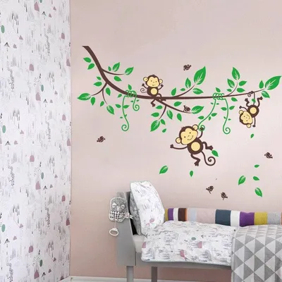 Image de Autocollants muraux décoratifs : des singes sur une branche en fleurs