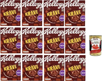 Produktbild von Krave choco brownie Gemischte Cerealien Bündel mit Schokoladenfüllung mit brownie Geschmack und Vitaminzusatz 12x 375g Packung + Italian Gourmet polpa 400g