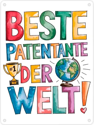 Produktbild von Beste Patentante der Welt Metallschild in 15x20 cm goldener Pokal Globus