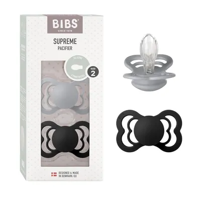 Imagen del producto de BIBS Supreme, set de 2 chupetes, sin BPA, tetina simétrica. Fabricado en silicona, hecho en Dinamarca. Talla 2 (6-18 meses), color nube/