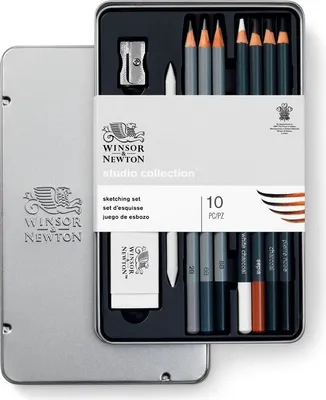 Obrázok produktu pre Skicovacie ceruzky Winsor & Newton, 7 ks + 3 ks príslušenstva v kovovej krabičke