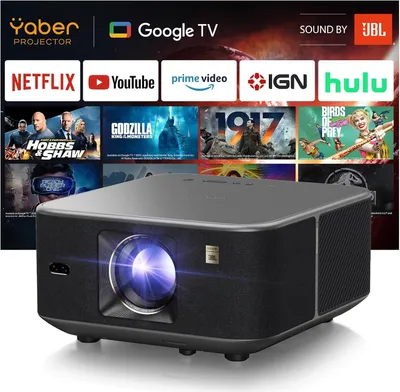 A Yaber projector is shown in front of a collage of streaming service logos and movie posters.