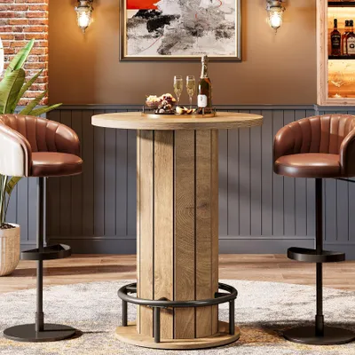 Obrázok produktu pre Tribesigns, barový stolík Runder, výška 100 cm, drevo, bistrový stolík s kovovou podnožou a opierkou nôh, vhodný do jedálne, kaviarne, na koktaily, do obývačky, svetlohnedý