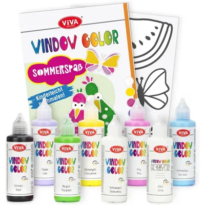 Produktbild von LM-Kreativ Window Color Set Sommerspaß – 7 x 80 ml – abziehbare Fensterfarbe auf Wasserbasis für Glas, Spiegel und Fliesen