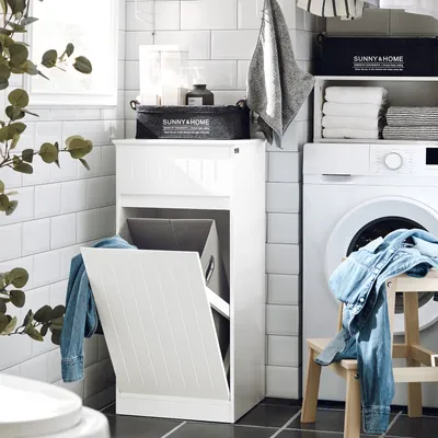 Image de SoBuy BZR110-W Armoire à linge avec coffre à linge Collecteur de linge avec tiroir Panier à linge Armoire de salle de bain Sac à linge Meuble de salle de bain blanc LHT env : 40x86x39cm