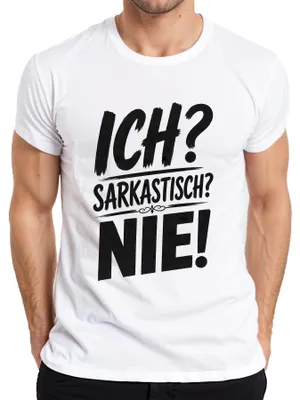 Zdjęcie produktu dla Ona? Sarkastyczna? Nie! Ironia, humor, sarkazm, wyznanie, cynizm. Koszulka męska, biała, rozmiar S