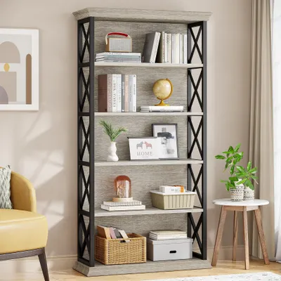 Immagine prodotto di Tribesigns libreria a 6 livelli, libreria industriale alta 180 cm, 5 ripiani, libreria alta per ufficio, camera da letto, grigio e nero