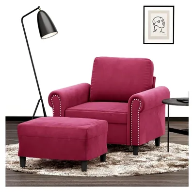Produktbild von Weinroter 60 cm Samt Sessel mit Hocker, Robustes Metallgestell, Bequeme Polsterung, Modernes Design für das Wohnzimmer, Max. 110 kg