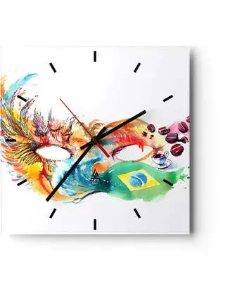 Produktbild von Wanduhr - Quadrat - Glasuhr - Flagge Karneval Brasilien - 40x40cm - Schleichendes Uhrwerk - Lautlos - zum Aufhängen bereit - Dekoration Modern - Wanddekoration aus Glas - C3AC40x40-3036