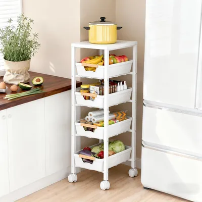 Immagine prodotto di Carrello da cucina con ruote, 5 ripiani, struttura in metallo, con cassetti, colore bianco, dimensioni 23,5 x 39,5 x 81,5 cm