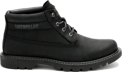 A single black Caterpillar boot shown from the side against a white background.