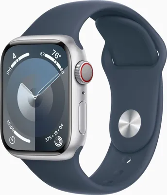 A close-up studio shot of an Apple Watch Series 9 with a blue sport band, displayed against a white background.