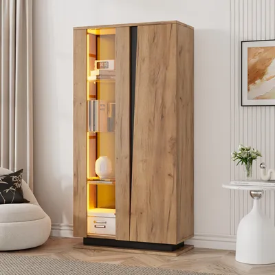Image de MODFU Vitrine avec LED, 8 Étagères, 2 Placards, Portes Acrylique, Bois et Noir, 80x35x160 cm
