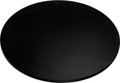 A black, round tabletop is shown from a top-down perspective against a white background.