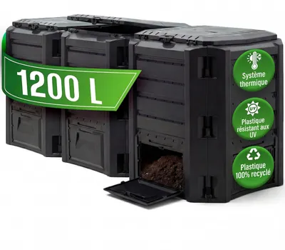Image de DEUBA® Composteur de jardin 1200 L plastique noir transformateur de déchets couvercle et trappe d’extraction bac à compost