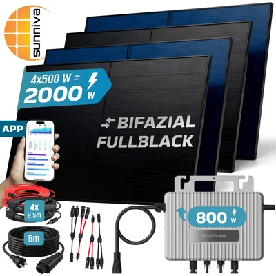 Produktbild von SUNNIVA® 2000W Balkonkraftwerk BIFAZIAL FULLBLACK komplett Steckdose Ecoflow 800W Wechselrichter, PV Solaranlage, 5m Kabel, Bluetooth WIFI
