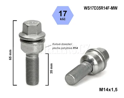 Obrázek produktu pro Kolový šroub M14x1,5x35 koule R14 pohyblivá, klíč 17, WS17D35R14F-MW, výška 65 mm