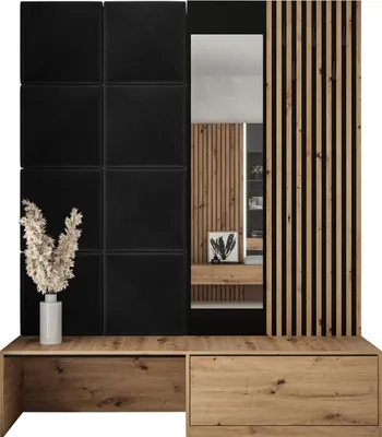 A modern entryway furniture set with black wall panels, a mirror, wooden slats, and wooden drawers.