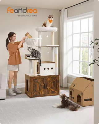 Produktbild von Feandrea Kratzbaum, Katzenklo-Schrank, erhöhte Fressnäpfe, mehrstöckiger Katzenbaum, Kratzstämmen vintagebraun