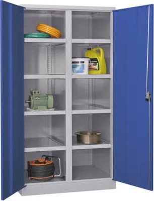 Produktbild von Schwerlastschrank - Vollblechtüren - Trennwand - 8 Böden - 1.950x1.040x630 mm (HxBxT) - enzianblau/reinweiß
