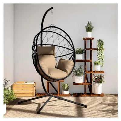 Produktbild von Hängesessel im Ei-Design mit Ständer in Taupe aus Rattan und Stahl, Hängestuhl für Wohnzimmer, Balkon und Outdoor