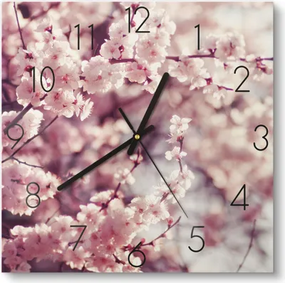 Produktbild von DEQORI Glasuhr 30x30 cm Zahlen 'Kirschblütenzweige' Wanduhr Glas Uhr Design leise