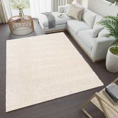Produktbild von Teppich Wohnzimmer Schlafzimmer Einfarbig Modern Design Shaggy Hochflor Langflor Creme  80 x 150 cm