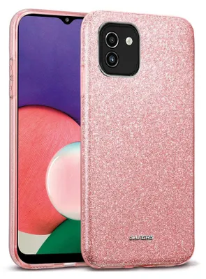 A rosegold glitter phone case for a Samsung Galaxy A03 is shown.