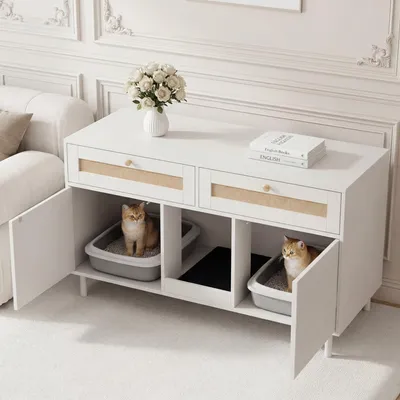 Produktbild von Katzentoilettenschrank - mit Katzenstreufangmatte und Rattanschublade - Doppeltür - Weiß - 120 x 50 x 65 cm
