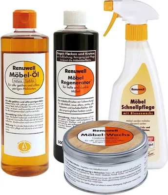 Produktbild von Renuwell Möbel Öl 500 ml - Regenerator 500 ml - Wachs 500 ml - Schnellpflege 500 ml