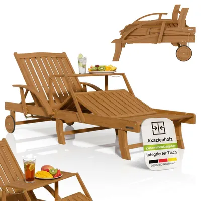Produktbild von Juskys® Sonnenliege SunScape Natur, Akazie Holz mit klappbarem Tisch - 196x72,5x30 cm