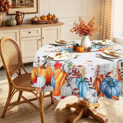 Produktbild von Tischdecke Rund Ø 180 cm Polyester Herbst Kürbis Blätter Waschbar