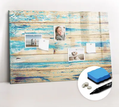 Produktbild von Magnetpinnwand Memoboard - Zubehörsatz - Schwarzer Marker + Schwamm + Magnete - 90 x 60 cm - Zerkratztes Holz