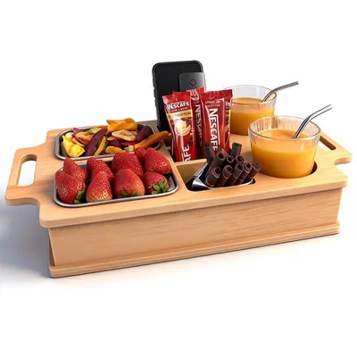 Produktbild von Couchbar Snackbox, Snackspender mit 3 Fächern, abnehmbarer Deckel und Getränkehalter, Sofatablett aus Holz für Snacks und Drinks
