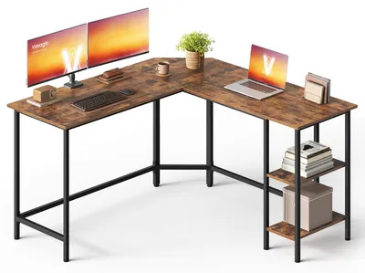 L-förmiger Computertisch 138x138 cm mit 2 Regalen, vintage braun