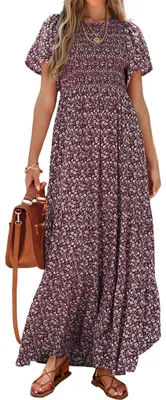 Productafbeelding van PRETTYGARDEN Dames zomerjurk 2024, casual, korte mouwen, boho-stijl, bloemenprint, maxi-jurk