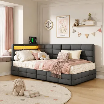 Produktbild von INONEFT Kinderbett 90 x 200 cm, einzelbett, L-förmiges-polsterbett mit LED und USB, jugendbetten mit 2 Schubladen, Leinen, grau, ohne Matratze, KI-generiertes Bild