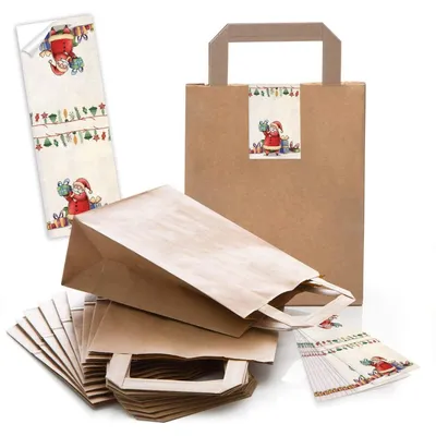 Produktbild von 100 braune natur Kraftpapier Papiertüte Geschenk-Tasche mit Henkel Boden 18 x 8 x 22 cm + 100 Aufkleber FROHE WEIHNACHTEN DANKE KUNDEN MISTELN weiß rot schwarz beige Geschenk Verpackung bioWeihnachtsmann grün rot / 50 Stück