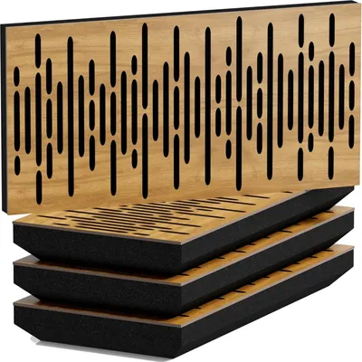 Immagine prodotto di Confezione da 4 pannelli acustici WAVE-H sottili e fonoassorbenti | 25x50 cm | Riflessione | Spessore – Colore: [33 mm | Rovere]
