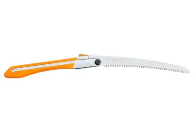 A folding saw with an orange handle and a silver blade is shown against a white background.