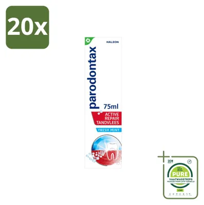 Imagen del producto de 20 tubos de pasta dental Parodontax Active Repair, sabor a menta fresca, para el cuidado de las encías, 75 ml. Pack grande, 20 unidades