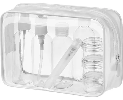 Productafbeelding van Transparante reisaccessoiretas met 8 navulbare reisflessen van 100 ml, geschikt voor handbagage, wit