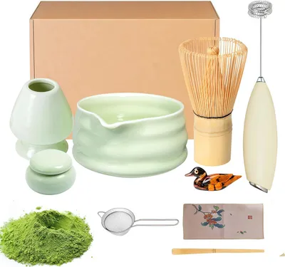 Produktbild von Matcha Teezeremonie Set, Matcha Schneebesen, Keramik Schale, Teelöffel, Tasse, Sieb, Teetuch, Mixer, Halter, Japanese Matcha Tea Set - 9-teilig