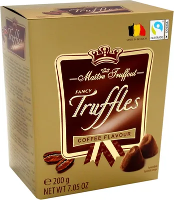 A box of Maitre Truffout Fancy Truffles with coffee flavor.