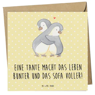 Produktbild von Mr. & Mrs. Panda Klappkarte Bunte Tante - Gelb Pastell - Geschenk, Herz, Jubiläen, Sofa, Familienmitglieder, Glückwunschkarte, anlasskarte, faltkarte, Grußkarte, Farbe