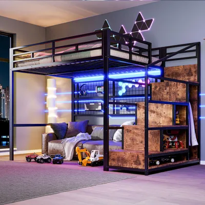 Image de ELANDEPOT Lit mezzanine 140 × 200 cm noir Éclairage LED armoire rangement échelle sans matelas design moderne et fonctionnel pour un usage quotidien
