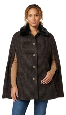 Immagine prodotto di Cappotto da donna Naf Naf, modello Acapa, poncho a motivi a occhi di bue con pelliccia
