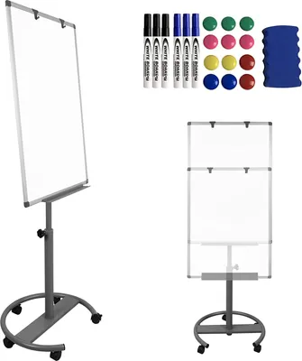 Produktbild von YARDIN Magnetický stojan na bílé tabule, bílá tabule na kolečkách, mobilní tabule s nastavitelnou výškou, 2 háčky na flipchart, 6 popisovačů na tabuli, 12 magnetů, 1 guma, 1 zásobník