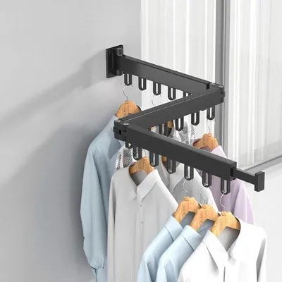 Productafbeelding van Compacte, drievoudige kledingrek met klemmen - Weerbestendige kledingstang voor binnendeuren en buitenruimtes - Ideaal voor balkons en badkamers, bespaart ruimte in kasten. Kledingrek van rubberversterkt materiaal voor de slaapkamer (zwart)