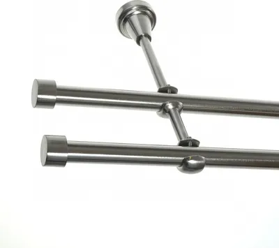 Produktbild von Gardinenstange Set Edelstahl Look Metall Ø 16mm zur Wandbefestigung 2-lauf Spitze Schräge, Länge wählbar H24 E16 E16